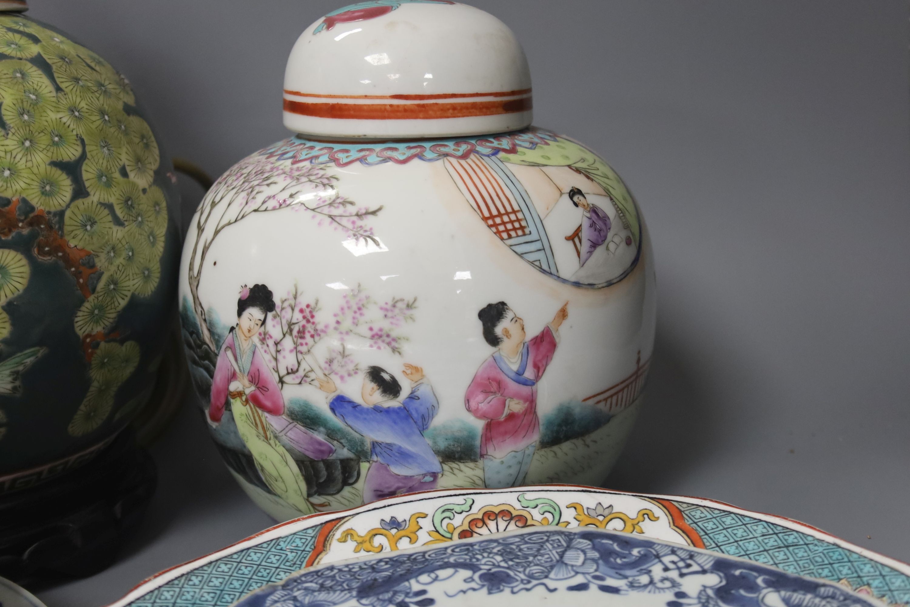 Two Chinese export blue and white plates, two ginger jars, a crackle ware vase and a lamp